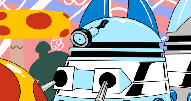 One of the Dalek triplets staring down at something, but what?

Click the link to view the full image