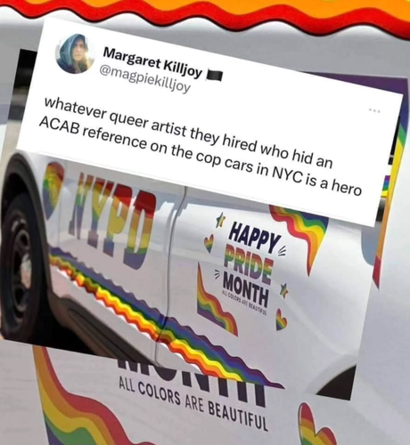 Whatever queer artist they hired who hid an ACAB reference on the cop cars in NYC is a hero

[Photo of a cop car with the NYPD logo in rainbow colours with next to it the text "Happy PRIDE month! All Colours Are Beautiful"]