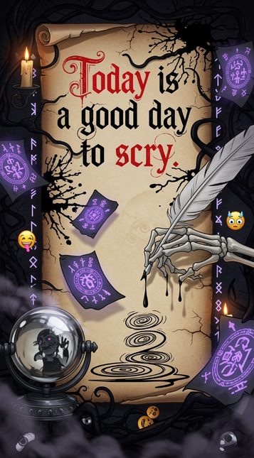 A gothic spooky-themed illustration featuring an aged parchment scroll with the text "Today is a good day to scry" written in ornate red and black lettering. The scene is set against a dark background with twisted bare tree branches. Surrounding the scroll are mystical elements including: a lit candle in an ornate holder on the left, purple tarot cards with mystical symbols scattered around, a skeletal hand holding a quill pen that appears to be writing on the scroll with ink dripping from it, a crystal ball at the bottom left showing a silhouette figure, and various runic symbols floating throughout the composition. The overall atmosphere is spooky and magical, rendered in muted earth tones with purple accents and dramatic lighting from the candle flame.