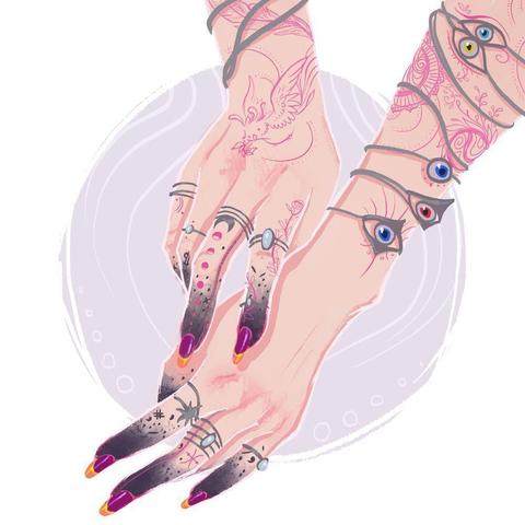 Elegant feminine hands with black fingertips and purple-and-gold long fingernails. The hands are adorned by many silver rings with eye motifs and pink tattoos.