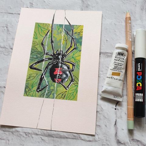 A small drawing of a black widow spider hanging from a thread of web, the drawing has a green background with abstract leaf shapes. The artwork is on cream toned paper.
Black widow spiders are known for their venomous bite. The red markings on the female’s abdomen serve as a warning to potential predators.
An original art work
Colour pencil and mixed media on acid free toned artist paper
5 by 7 inches (12.7 by 17.8 cm).
Sold unframed