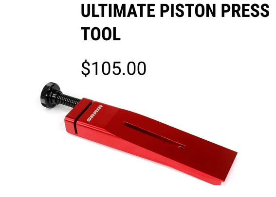 The image showcases an SRAM "Ultimate Piston Press Tool", which is red in color and priced at $105.00.