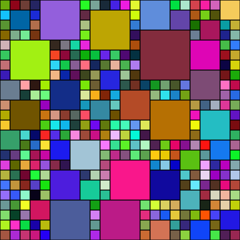 A computer generated picture of multicoloured squares of various sizes packed into a 24 by 24 grid
