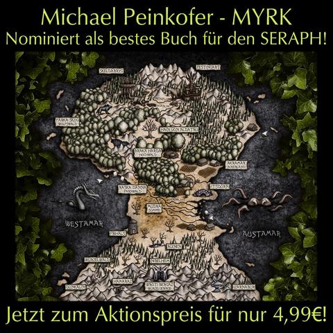 Meine Karte (Fantasylandschaft mit Ungeheuern und phantastischen Orten) zum Roman MYRK mit dem Hinweis auf den Aktionspreis.
