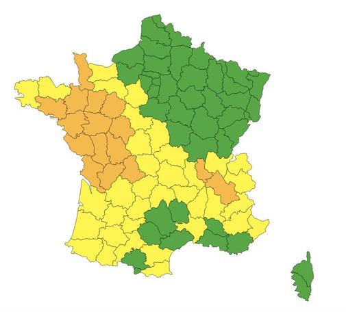 Carte des vigilances météorologiques du vendredi 20 juin 2025. 16 départements sont concernés par une vigilance orange pour canicule.