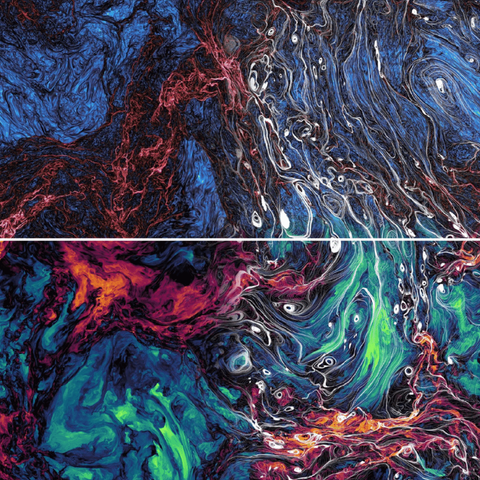 Slices of a simulation of magnetized turbulence, similar to what is found in the interstellar medium. The upper section shows current density. The lower section is mass density. In the right half of each image, magnetic field lines are overlaid in white.