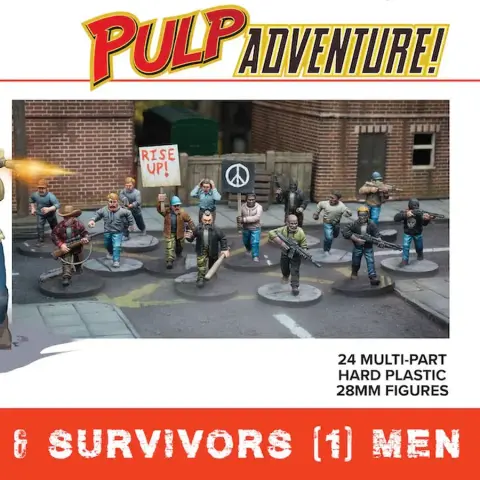 A group of 24 multi-part plastic miniatures representing modern civilians and post-apocalyptic survivors, set against an urban backdrop. The figures include a variety of poses, with some holding weapons and others carrying signs, such as one that reads "RISE UP!" The scene features a mix of clothing styles, showcasing a diverse range of characters suitable for tabletop gaming.