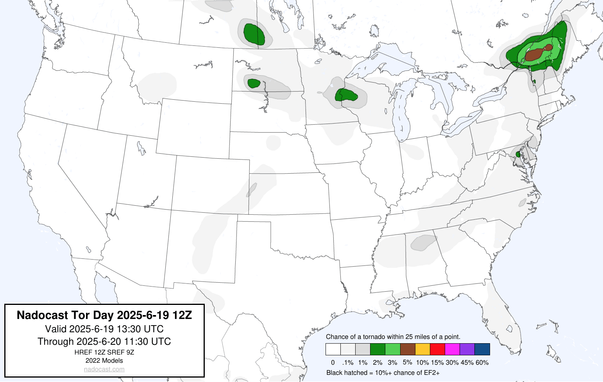 12z Day #Tornado Forecast - a map of the United States depicting areas of various colors to incidate tornado risks