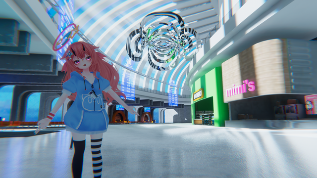 View of a spaceport hub with sunshine shining through the windows on the ceiling. An avatar is looking happy to be here on the left.