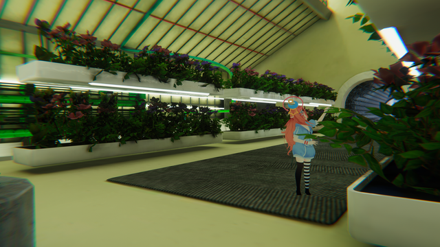 This is a view of a botanical garden, with an avatar touching a plant on the right.