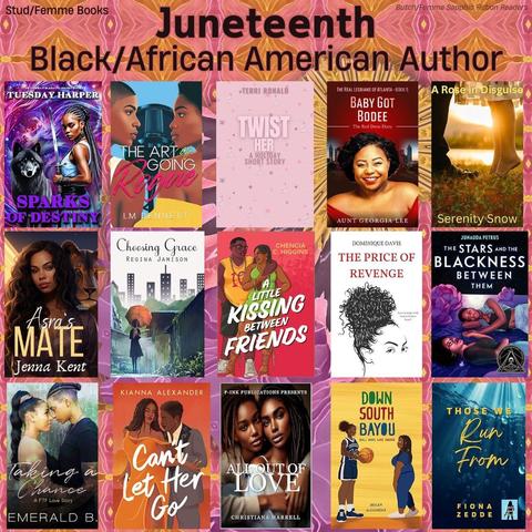 15 book covers of Stud/Femme fiction books written by Black/African-American authors on a colorful background with a graphically-rendered Black woman for Juneteenth on 06/19/25 on Amazon.