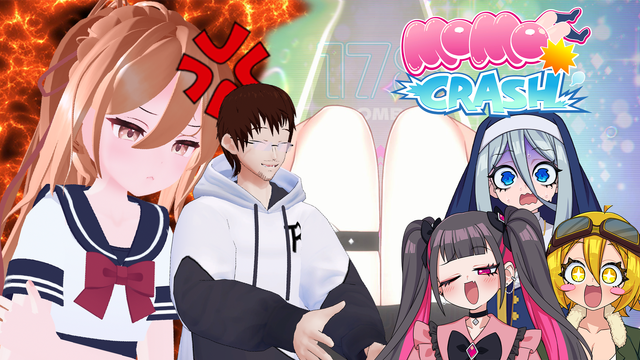 Thumbnail of the video. It showcase the three characters from the game on the left, two of them amazed the third being scared, a screenshot of the game behind them, the logo of the game "MOMO CRASH" on top of them, next to them Roman in his 3D model clapping... and an angry Ronika in her 3D model looking angry at him, fire behind her