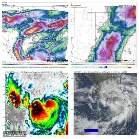 Satellite photos (current) and potential seven day rainfall totals.