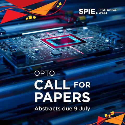 Promotional graphic for SPIE Photonics West Opto event featuring a vibrant image of a circuit board, with text announcing a call for papers and an abstract submission deadline of 9 July.