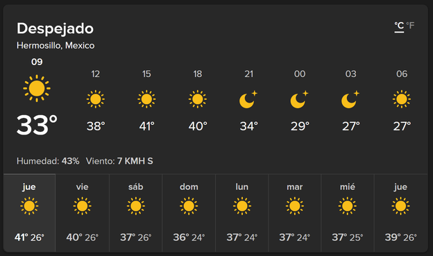Tabla con temperaturas de Hermosillo, se ve que un día la máxima es 41°C
