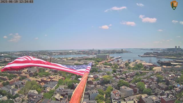 East camera from the top of Bunker Hill Monument, looking over Boston Harbor, the Charlestown Navy Yard, and Boston Logan International Airport.