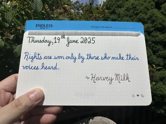 A pen quote of Harvey Milk that reads, “Rights are won only by those who make their voices heard.”

Written using Pelikan Edelstein inks: Adventurine, Topaz & Moonstone.