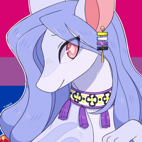 Digital bust drawing of original character inspired by prototype suicune (pokémon). They are wearing an earing and a collar with the colors of the non-binary flag, their expression is a shy smile. On the background there's the bisexual flag