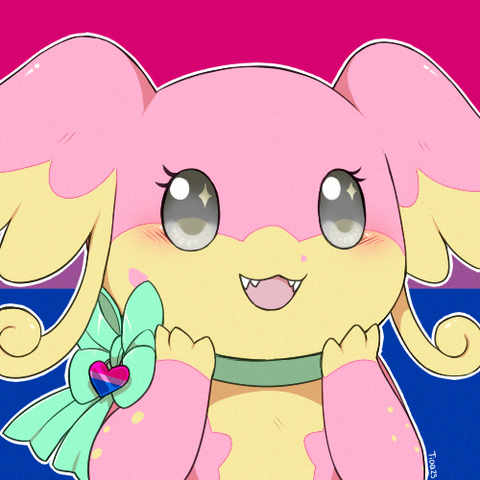 Digital bust drawing of an audino (pokémon) character, with a happy expression and a green mint ribbon on their neck, there's a heart shapped tag painted with the bisexual pride flag dangling from it. The background is the bisexual pride flag