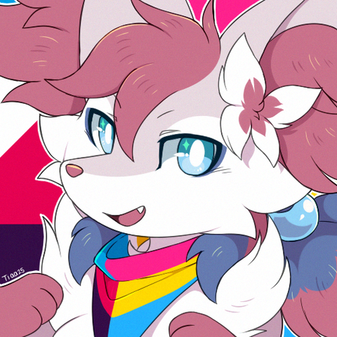 Digital bust drawing of a braixen, zoroark and sylveon hybrid (all these are pokémon species). They are smiling and wearing a bandana around their neck, the bandana is half the polyamorous flag and half the pansexual flag. The background shows the same flags