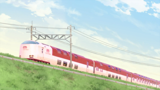 The Sunrise Express moves over a grassy landscape