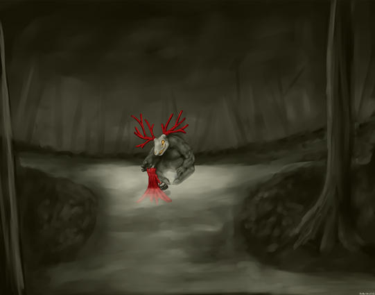 A scene of a spooky foggy forest with a light shining down in a clearing. Inside the clearing is a large monster sitting down. They have large bright red antlers attached to their skull head. They are leaning forward with their right hand reaching out. In front of them is a small red robed figure. Their left hand is reaching out towards the monster's hand. In their right hand they hold a picnic basket as they come to hang out with their best friend.