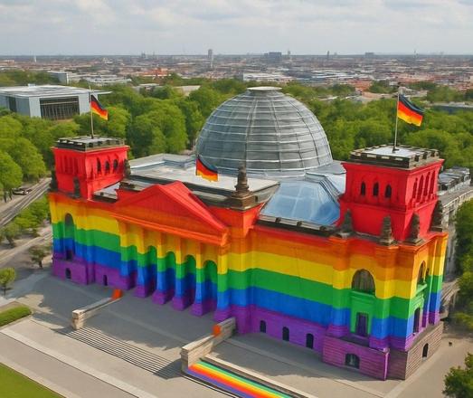 Das Berliner Reichstagsgebäude in leuchtenden Regenbogenfarben mit drei deutschen Fahne drauf. 

Mein Kommentar darüber: 

"Aus aktuellem Anlass"