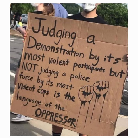 Protest sign that reads: Judging a Demonstration by its most violent participants but NOT judging a police force by its most violent cops is the language of the OPPRESSOR