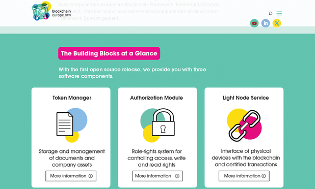 blockchaineurope.nrw screenshot: Among other things, Blockchain Europe provides a construction kit for logistics applications.