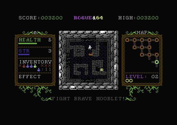 Screenshot of Rogue64 showing the play field in the center, inventory on the left and an auto-generated map on the right
