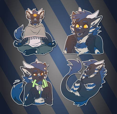 Telegram stickers of an anthro dragon/wolf hybrid. In them, he wears his poncho and sits in a meditating pose as a glowing third eye opens on his forehead; looks eager and excited with starry eyes; looks excited while holding a leash in his mouth and wagging his tail; and sleeps serenely curled up on his side.