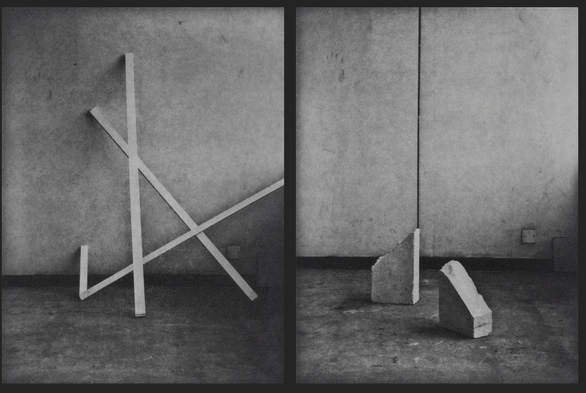 Geometric construction studies in the studio with available light. Left image:  three pieces of white-colored thin plywood are leaning on the wall and arranged graphically. Right image: two construction blocks that were halved are carefully arranged to face opposite each other. A black line is seen in the background. Photographs by Sayuri Ichida