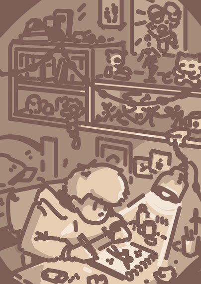 A sepia-toned, cartoonish illustration shows a person with fluffy hair hunched over a desk, sketching under the light of a desk lamp, surrounded by shelves filled with various objects and decorations.