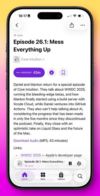 Screenshot of Podcasts app showing the new episode.