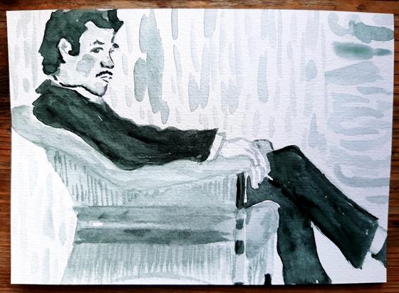 Aquarell monochrom in perylengrün. Ein Mann in Anzug sitzt lässig in einem Sessel, die Beine übereinander geschlagen. Das Portrait ist von der Seite gemalt, der Mann neigt seinen Kopf leicht in Richtung des/der Betrachtenden.