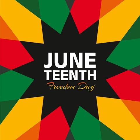 A black star surrounded by red, green and yellow. Text reads "Juneteenth Freedom Day".