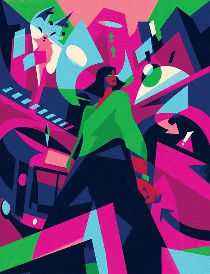 A stylized figure stands confidently amid vibrant abstract shapes and colors, with a stylized bus in the background.