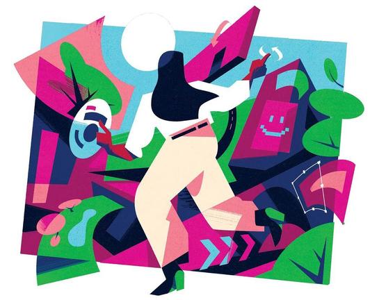 A person in stylish clothing interacting with virtual interfaces, surrounded by vibrant geometric shapes, happy faces, and greenery.