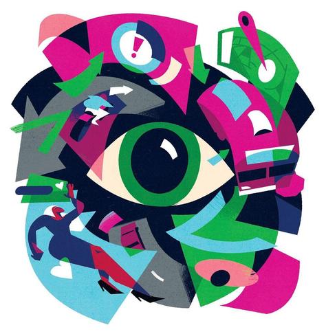 A vibrant, abstract illustration featuring a large eye surrounded by various graphic elements, symbols and colorful shapes.