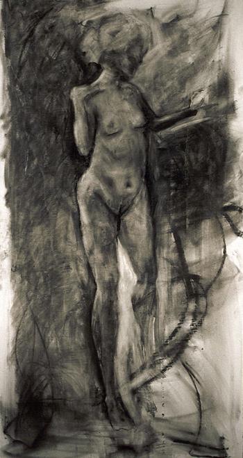 A standing nude female model facing to the right. One arm is holding their own shoulder. A lot of black and white with strong mark making.
