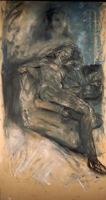 A reclining nude female model. Blue and black and white oil pastel on neutral brown board.