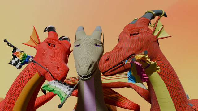 three dragon siblings, Pyrus, Lumina and Photonis posing together holding pride flags in their mouths (straight ally, aromantic and intersex and pansexual flags respectively).  Pyrus and Photonis have their wings around Lumina.