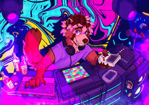 A furry with a Game Boy DMG in its hand. In pink light with shaders in the background. It is standing in front of a DJ setup