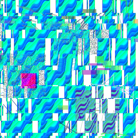 L'immagine presenta un design astratto con un'ampia gamma di colori, principalmente blu e verde, con sfumature che creano un effetto ondulato. Ci sono anche elementi geometrici, come rettangoli e quadrati, che si sovrappongono e si intersecano, creando un effetto di disordine e caos. Alcuni rettangoli sono neri, mentre altri sono di vari colori, tra cui rosso, viola e verde. Ci sono anche piccoli punti di colore che sembrano essere particelle di rumore o distorsione digitale. Il design è complesso e non rappresenta un'immagine specifica, ma piuttosto un'interpretazione visiva astratta.