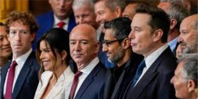 A photo from the 2024 Presidential Inauguration, showing the Lords of Big Data in places of highest honor.

Left to right:
Mark Suckerberg, Meta
Jay Graber, BlueSky
Jeff Bezos, Amazon
Sundar Puchai, Google
Elon Musk, Xitter