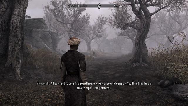 Dragonborn venturing down a misty road among some gnarly trees