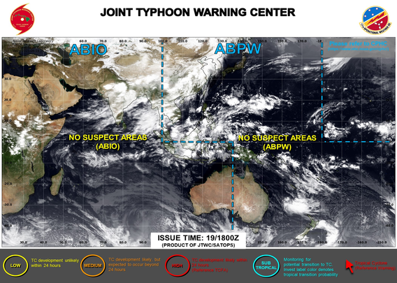 ABPW10 PGTW 190600
MSGID/GENADMIN/JOINT TYPHOON WRNCEN PEARL HARBOR HI//
SUBJ/SIGNIFICANT TROPICAL WEATHER ADVISORY FOR THE WESTERN AND SOUTH 
PACIFIC OCEANS/190600Z-200600ZJUN2025//
RMKS/
1. WESTERN NORTH PACIFIC AREA (180 TO MALAY PENINSULA):
   A. TROPICAL CYCLONE SUMMARY: NONE.
   B. TROPICAL DISTURBANCE SUMMARY: NONE.
   C. SUBTROPICAL SYSTEM SUMMARY: NONE.
2. SOUTH PACIFIC AREA (WEST COAST OF SOUTH AMERICA TO 135 EAST):
   A. TROPICAL CYCLONE SUMMARY: NONE.
   B. TROPICAL DISTURBANCE SUMMARY: NONE.
   C. SUBTROPICAL SYSTEM SUMMARY: NONE.//
NNNN