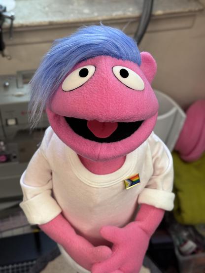 Human hand puppet with pink fleece, blue hair and white shirt wearing a Pride flag pin, front view