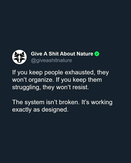 Give A Shit About Nature 
@giveashitnature


If you keep people exhausted, they won't organize. If you keep them struggling, they won't resist.

The system isn’t broken. It's working exactly as designed.