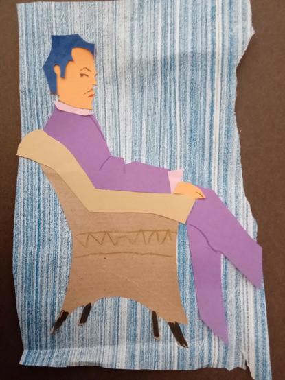 Collage aus Buntpapier auf blau gestreiftem Untergrund - Mann in lila Anzug in einem Sessel sitzend